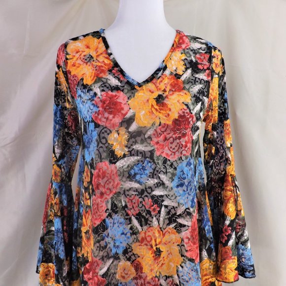 NWOT Dor Dor Couture Bursting Colors Huge Bell Cuffs w Flaring Skirt Tunic Top S - Picture 7 of 16